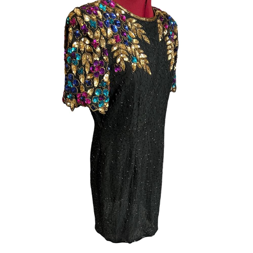 Vintage Stenay Large 100%‎ Silk Fully Beaded Sequined Party Evening Midi Dress - Picture 3 of 7